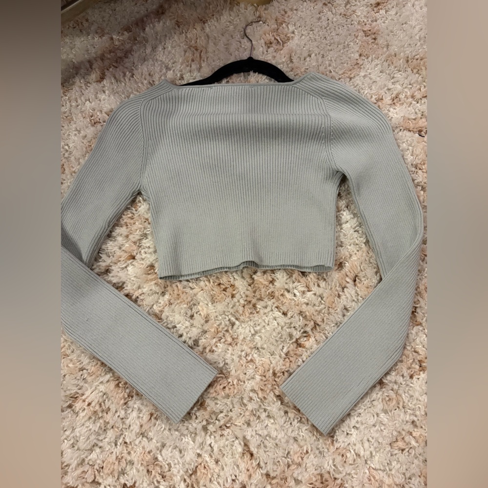 Zara Ribbed Light Blue/Grey Long-Sleeve Crop Top Small - Picture 7 of 7
